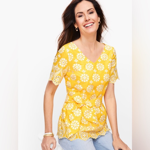 Talbots Top 12 Embellished Border Peplum Embroidered Yellow Floral Eyelet Belted - Picture 1 of 11